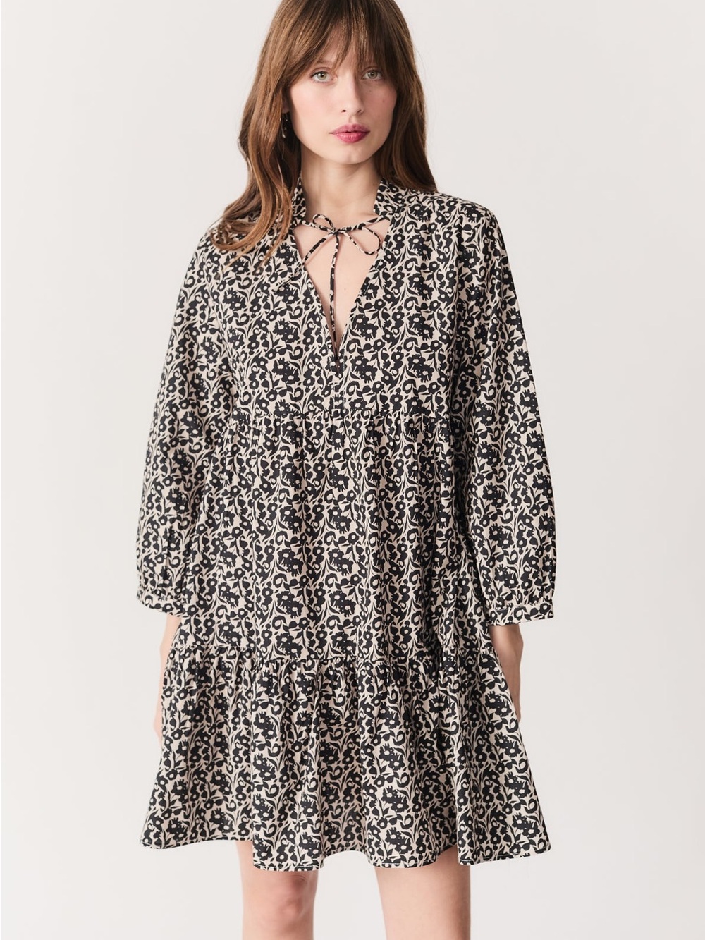 Dèluc Marfa Black and Cream Printed Tie-Neck Babydoll Dress